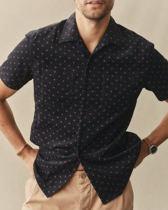fit model showing off The Conrad Shirt in Navy Pigeon Foulard Pincord