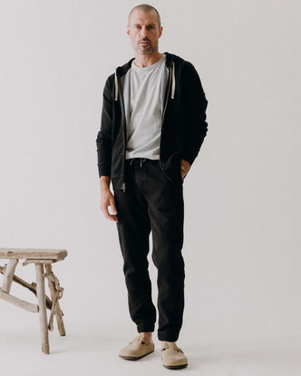 fit model posing in The Apres Pant in Black Indigo Sashiko