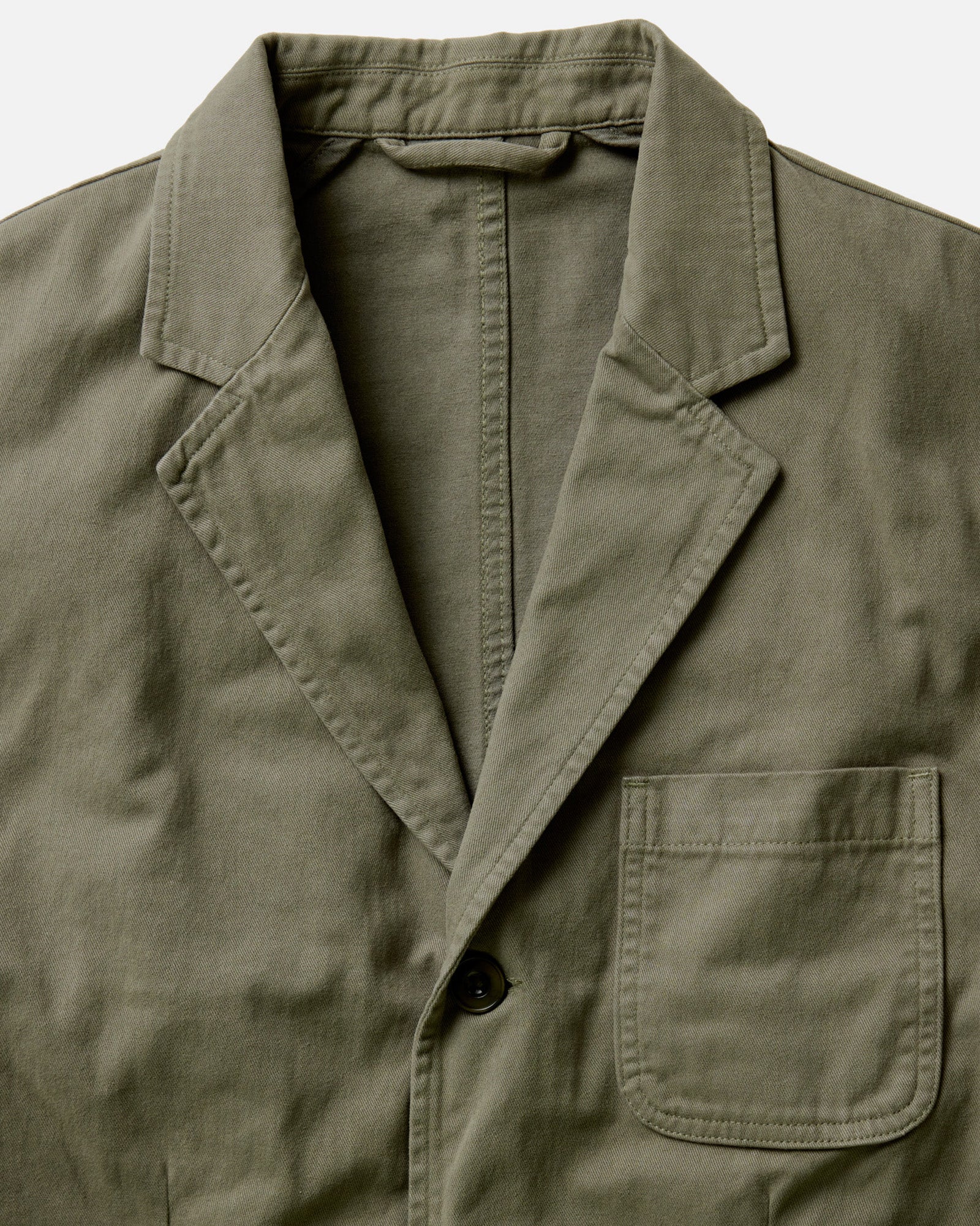fit model showing off The Foundation Sportcoat in Organic Smoked Olive Twill, Outerwear by Taylor Stitch