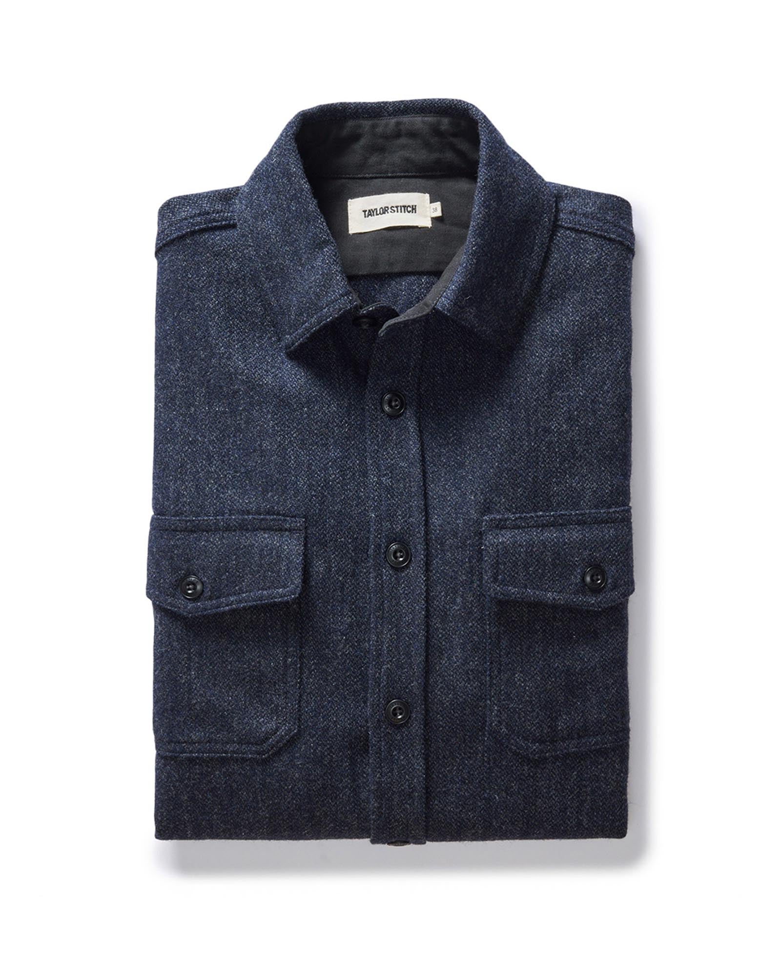 folded flatlay of The CPO Shirt in Marine Tweed Wool, Wovens by Taylor Stitch