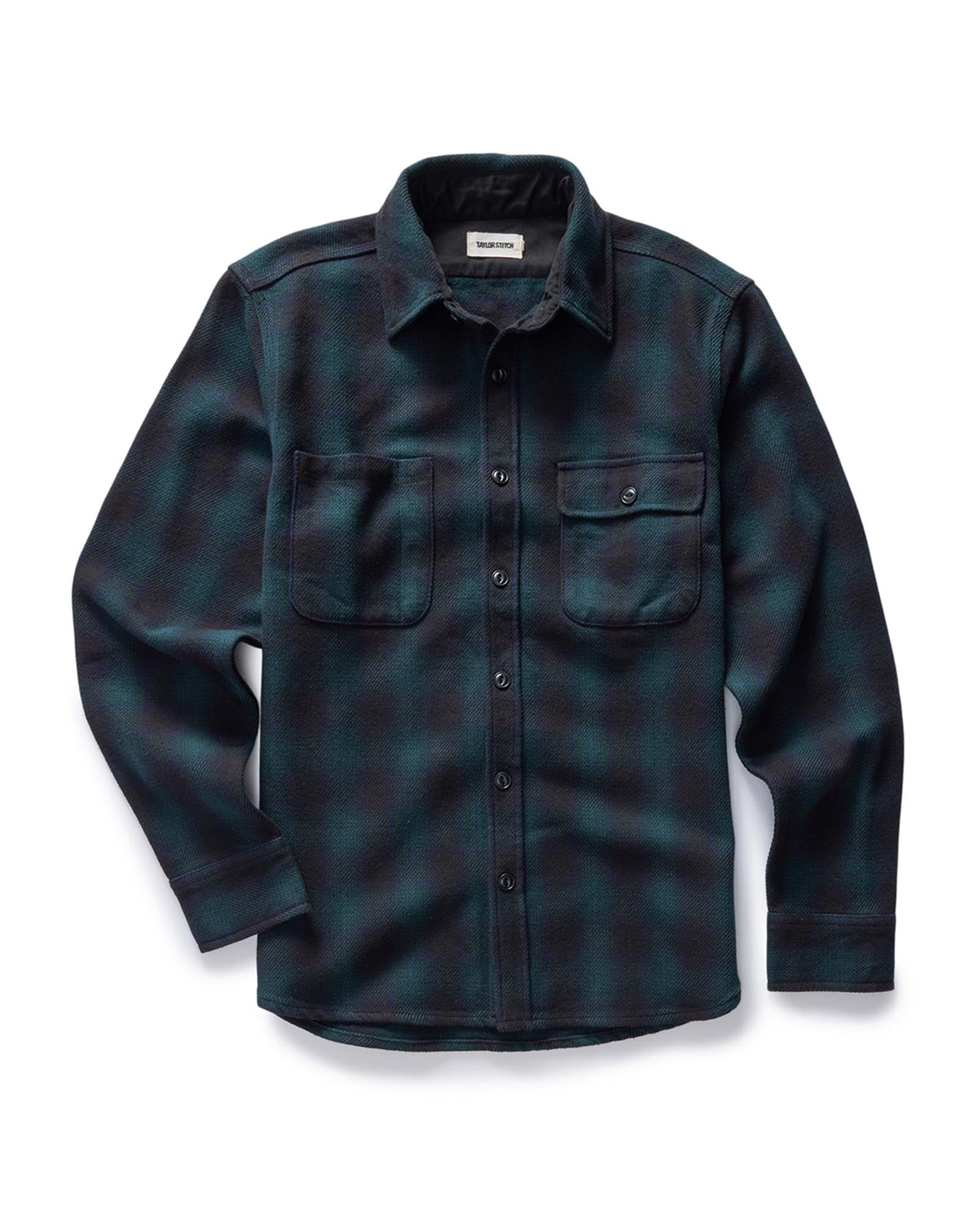 flatlay of The Moto Utility Shirt in Black Pine Plaid, Wovens by Taylor Stitch