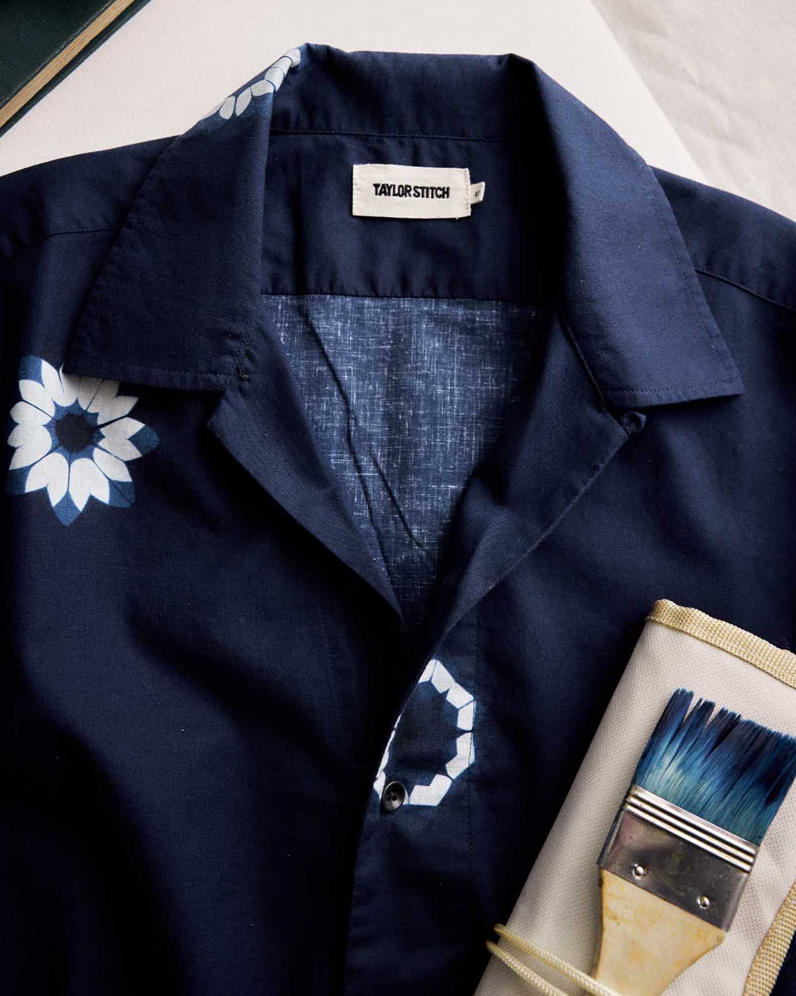 material shot of the collar on The Davis Shirt in Dark Navy Geo, Wovens by Taylor Stitch