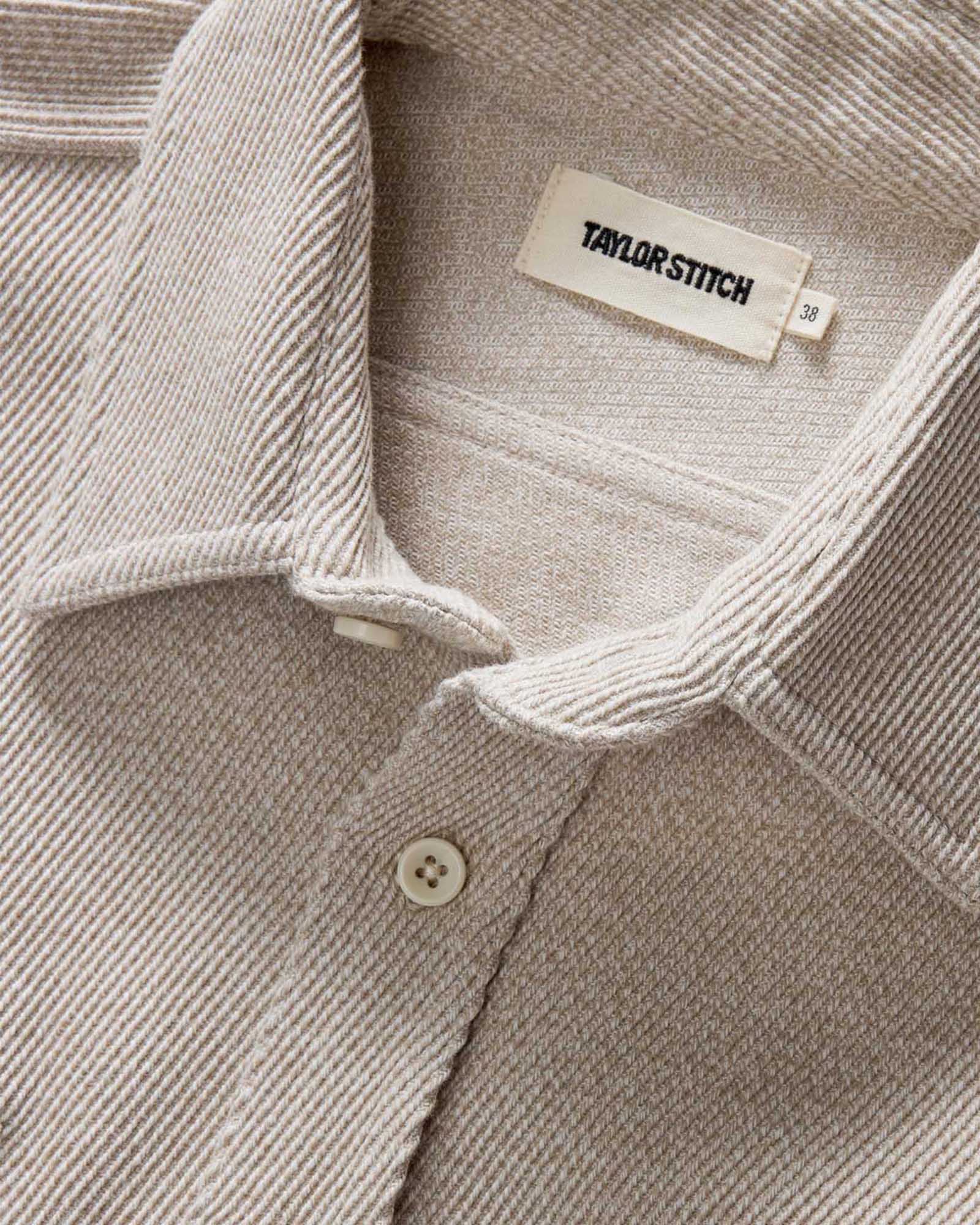 material shot of the collar on The Ledge Shirt in Flax Twill, Wovens by Taylor Stitch