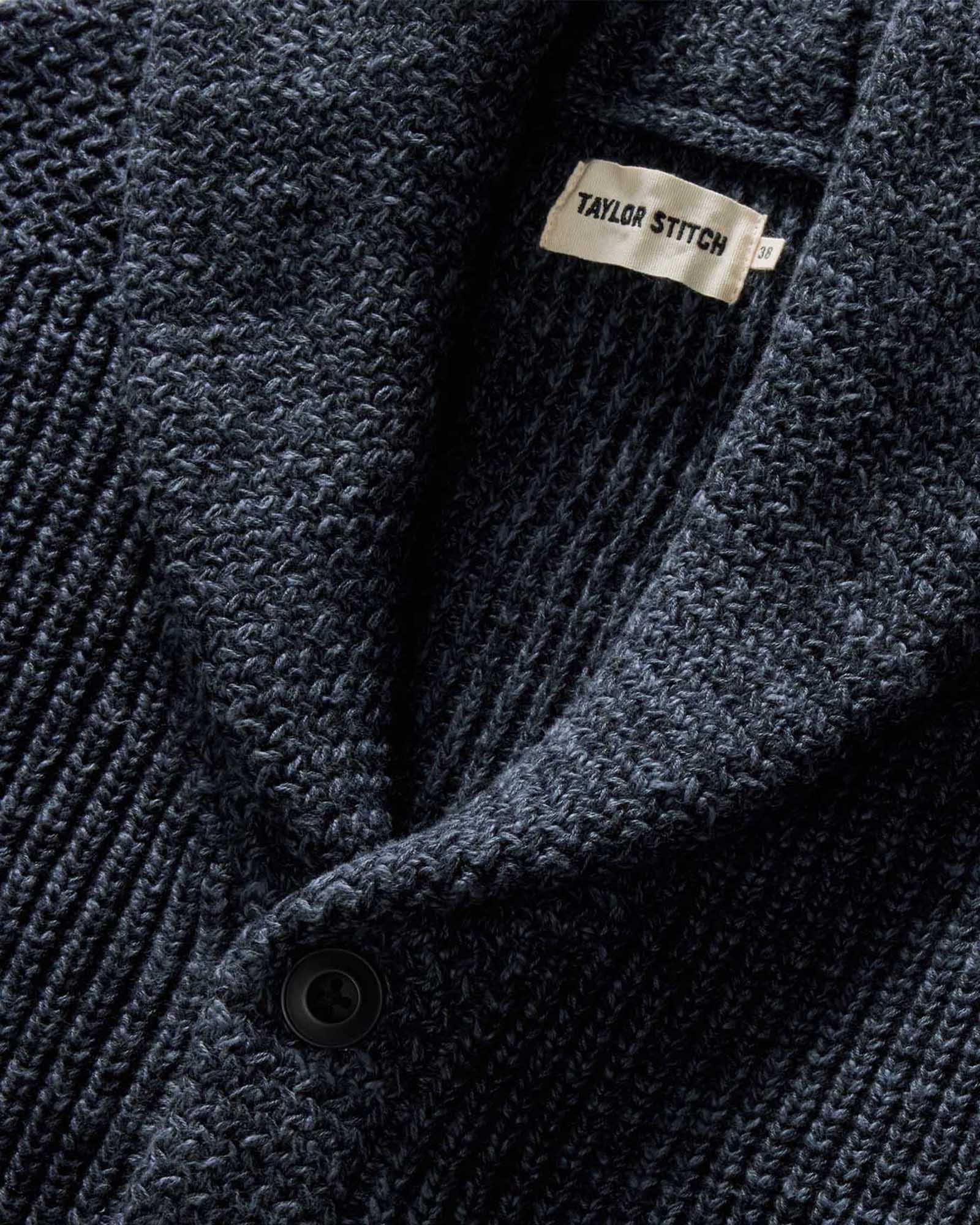 material shot of the collar on The Mariner Shawl Cardigan in Ink Slub, Knits by Taylor Stitch