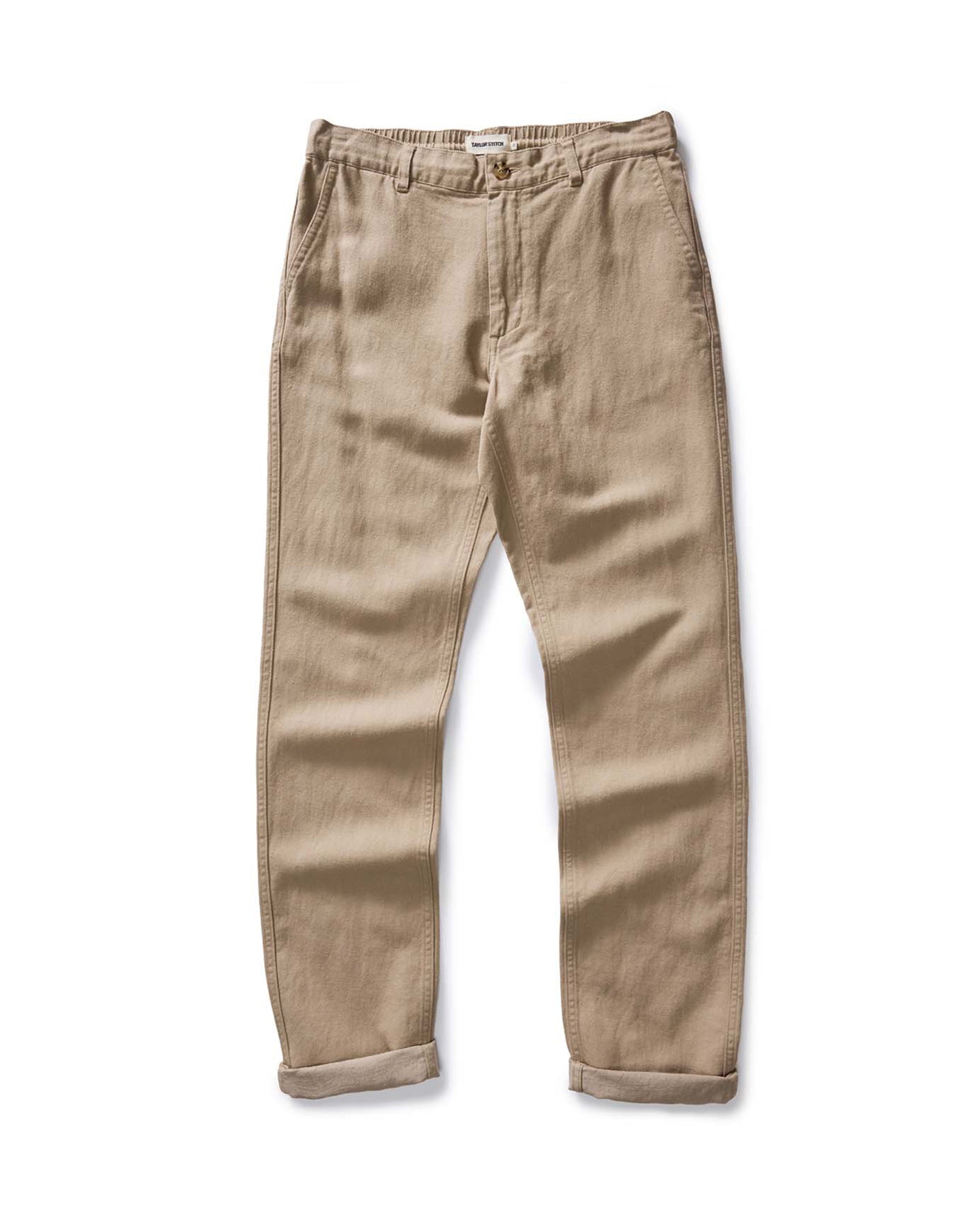 flatlay of The Carmel Pant in Heather Khaki Cotton Linen, Bottoms by Taylor Stitch