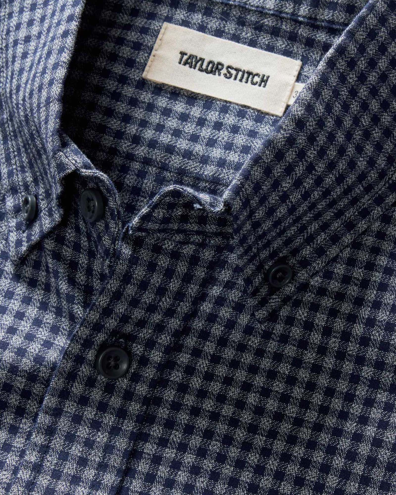 material shot of the collar on The Jack in Marine Check, Wovens by Taylor Stitch