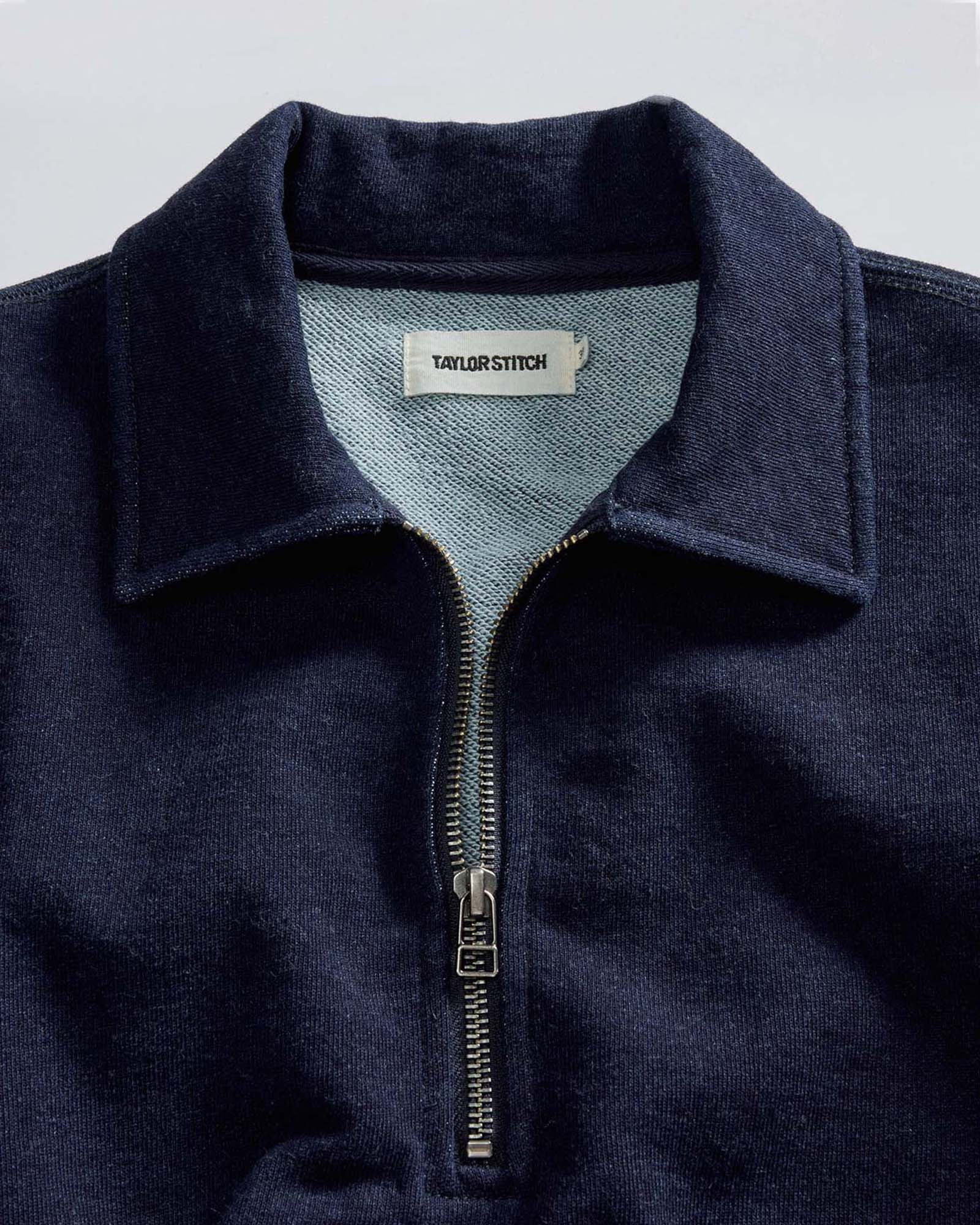 material shot of the collar on The Apres Quarter Zip in Rinsed Indigo Terry, Knits by Taylor Stitch