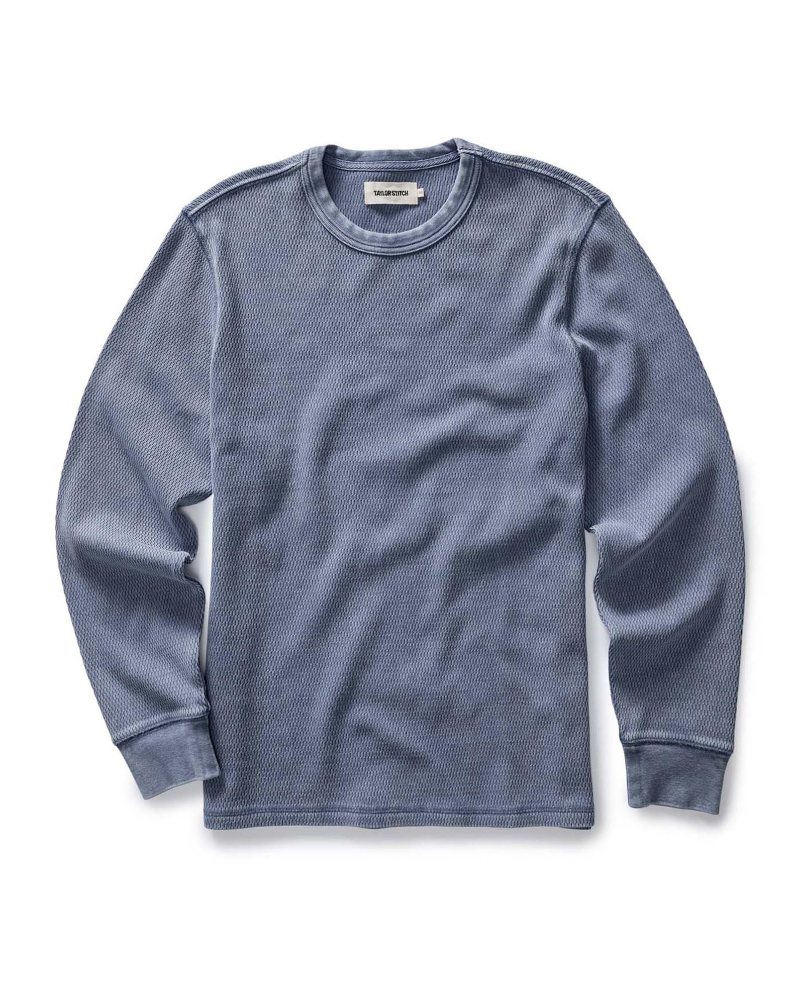 flatlay of The Organic Cotton Crew in Washed Blue Waffle, Knits by Taylor Stitch