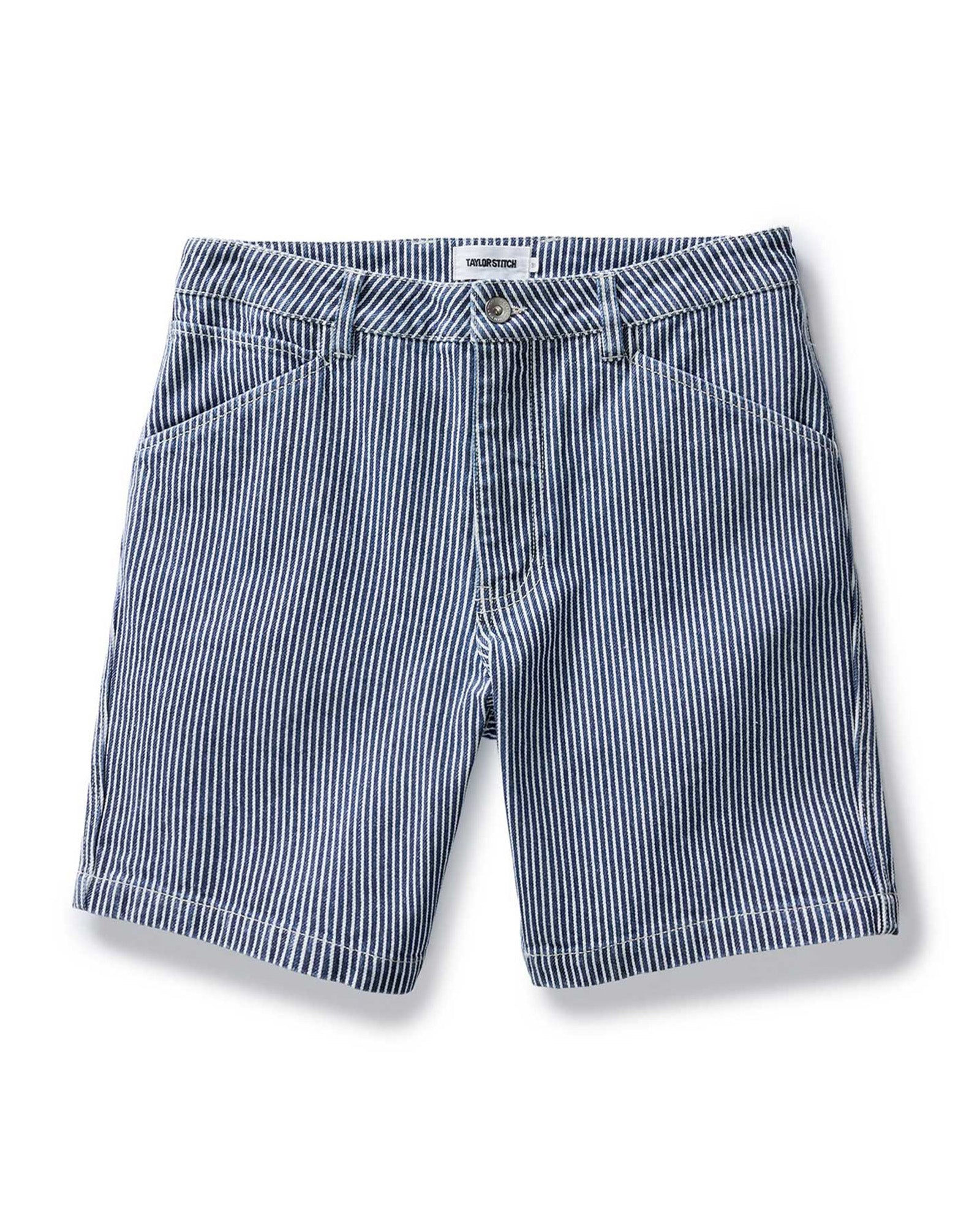 flatlay of The Camp Short in Indigo Railroad Stripe Denim, Bottoms by Taylor Stitch