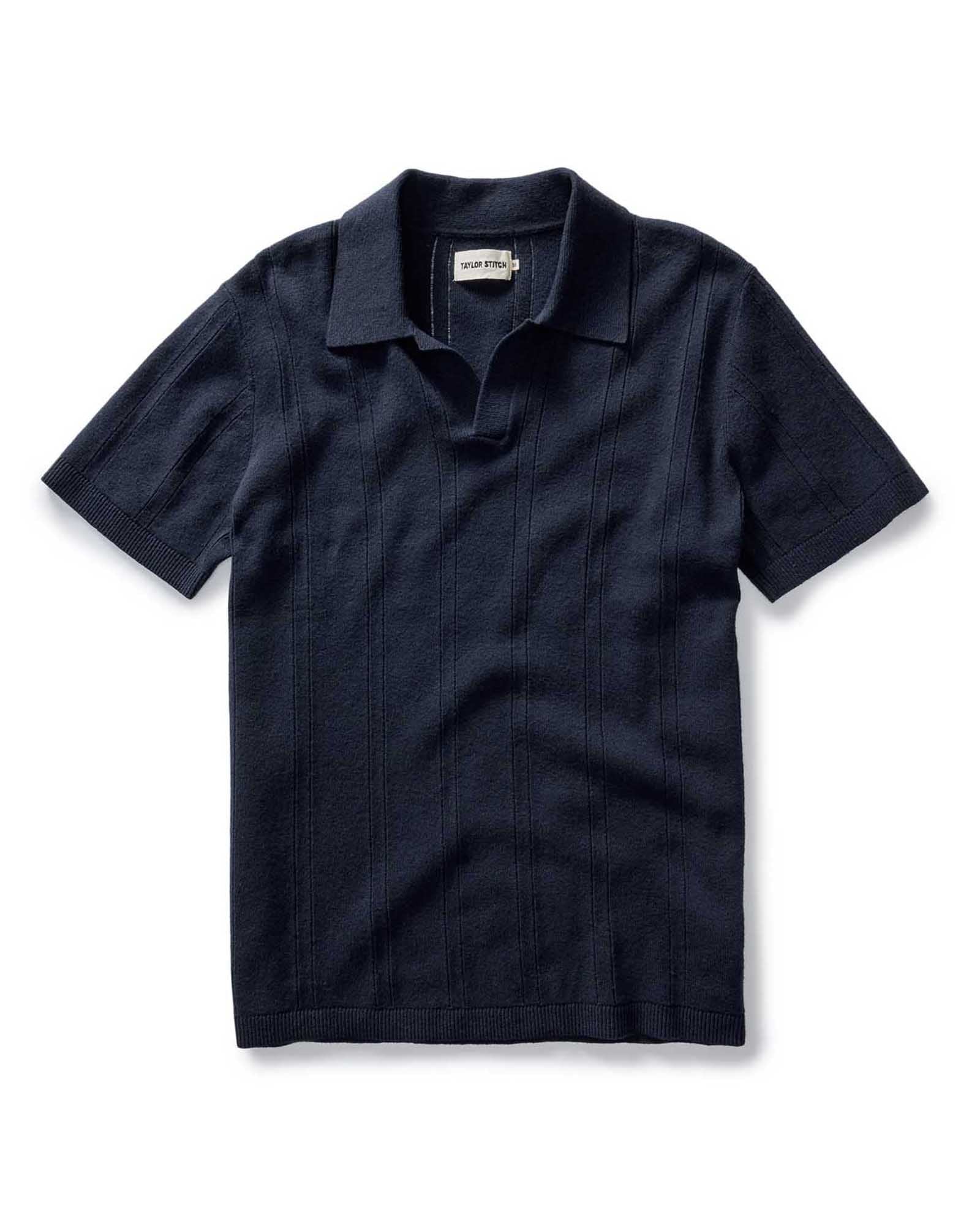 flatlay of The Valencia Sweater Polo in Dark Navy Rib, Knits by Taylor Stitch