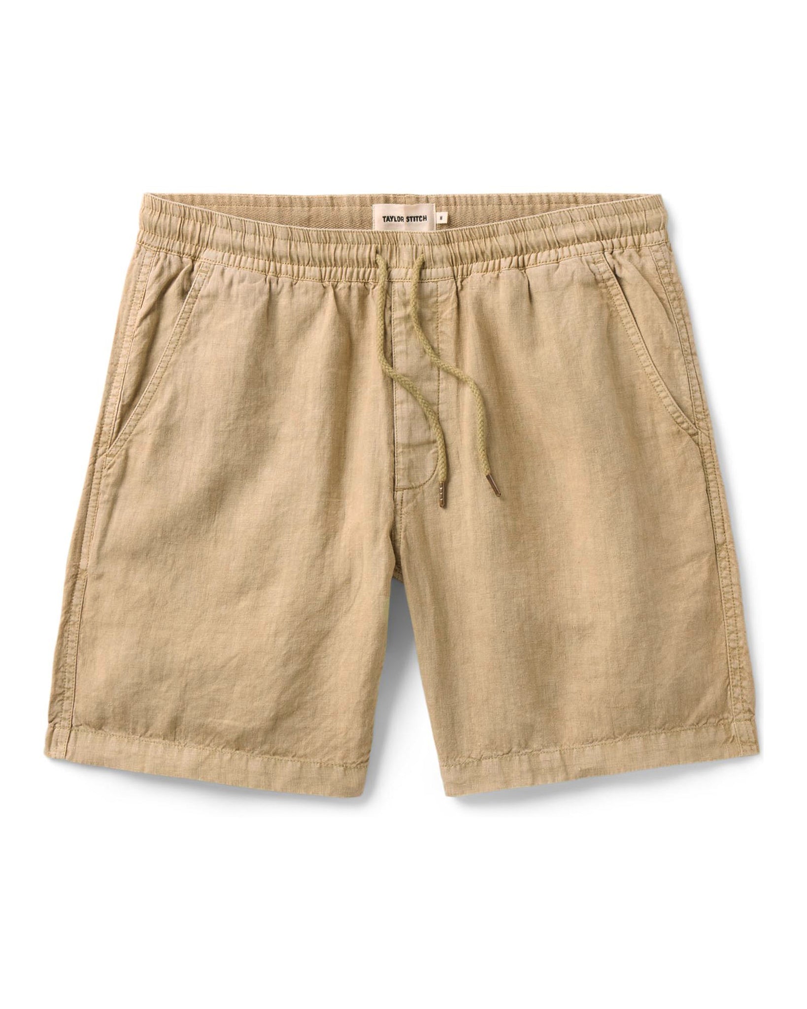 flatlay of The Apres Short in Field Khaki Hemp, Bottoms by Taylor Stitch