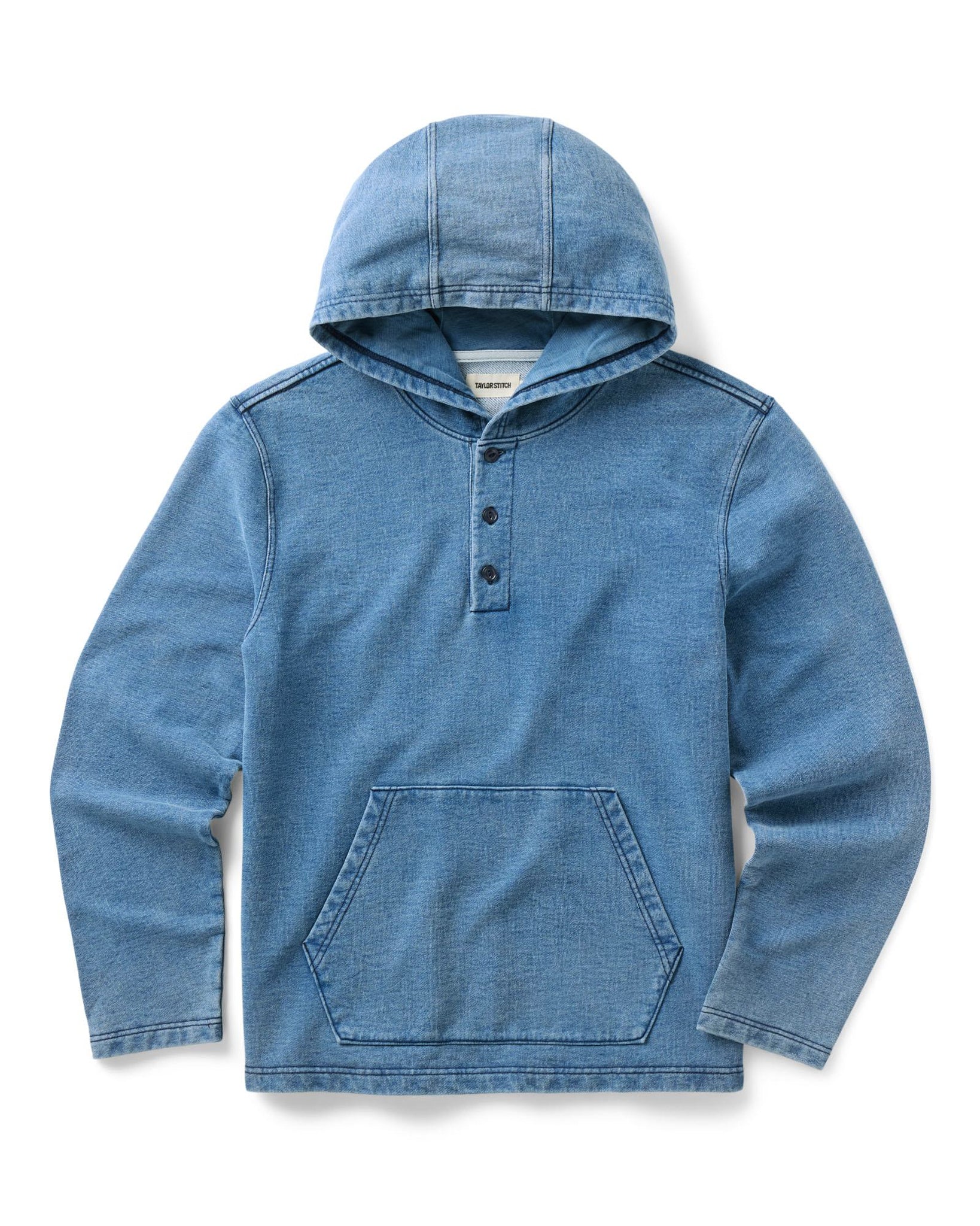 flatlay of The Baja Pullover in Washed Indigo Terry, Knits by Taylor Stitch