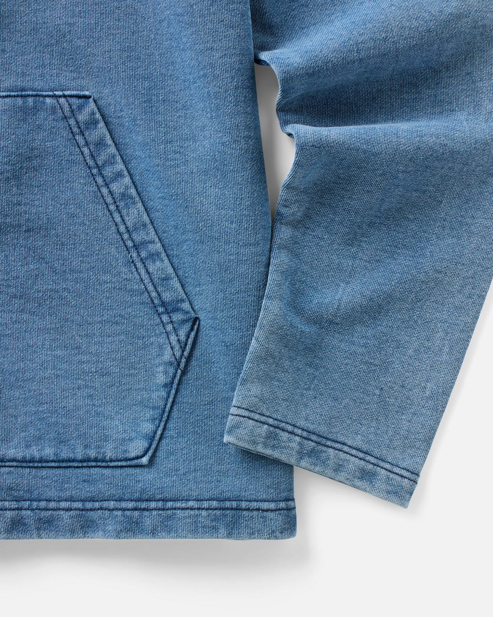 material shot of the sleeve on The Baja Pullover in Washed Indigo Terry, Knits by Taylor Stitch