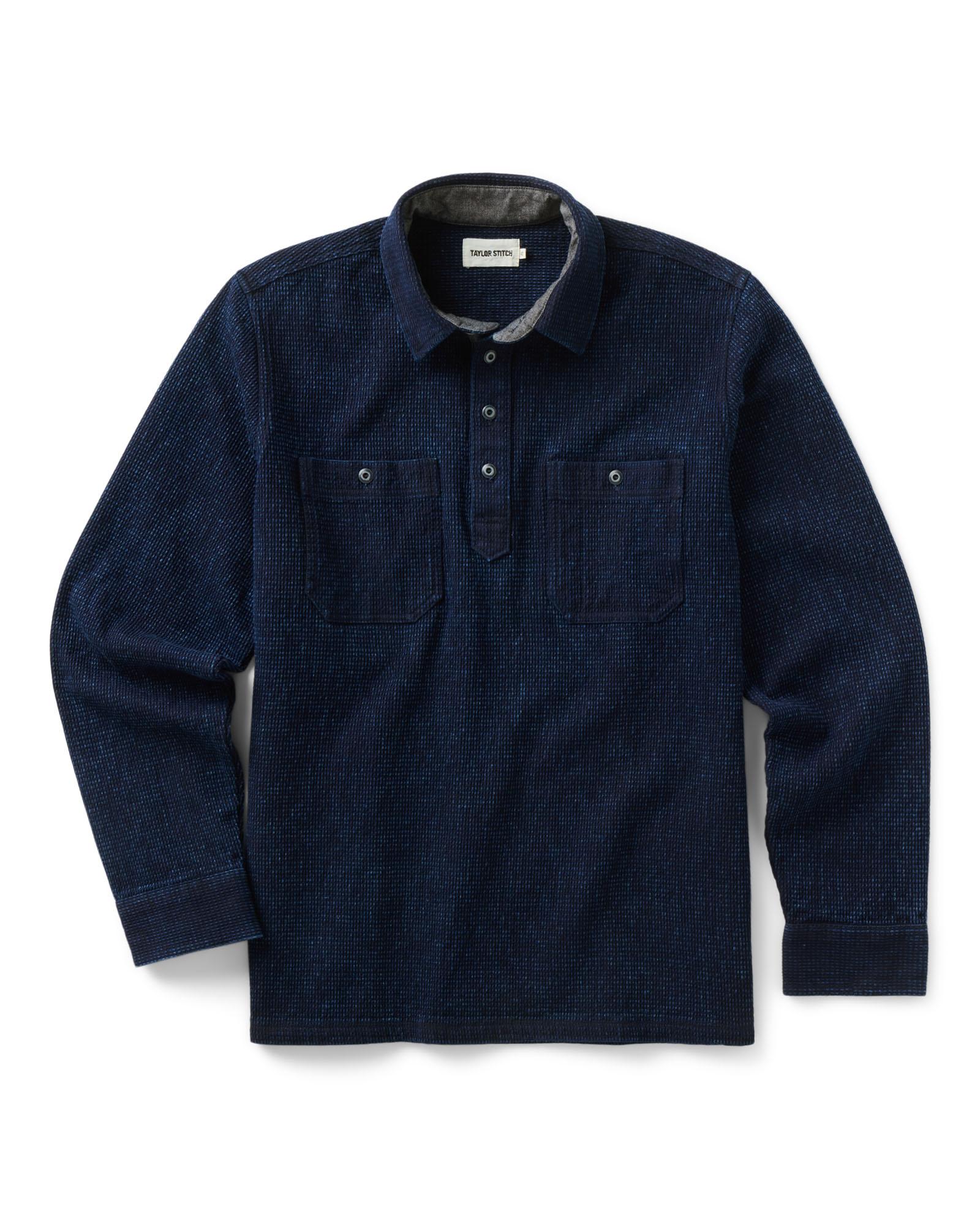 flatlay of The Canal Popover in Rinsed Indigo, Knits by Taylor Stitch