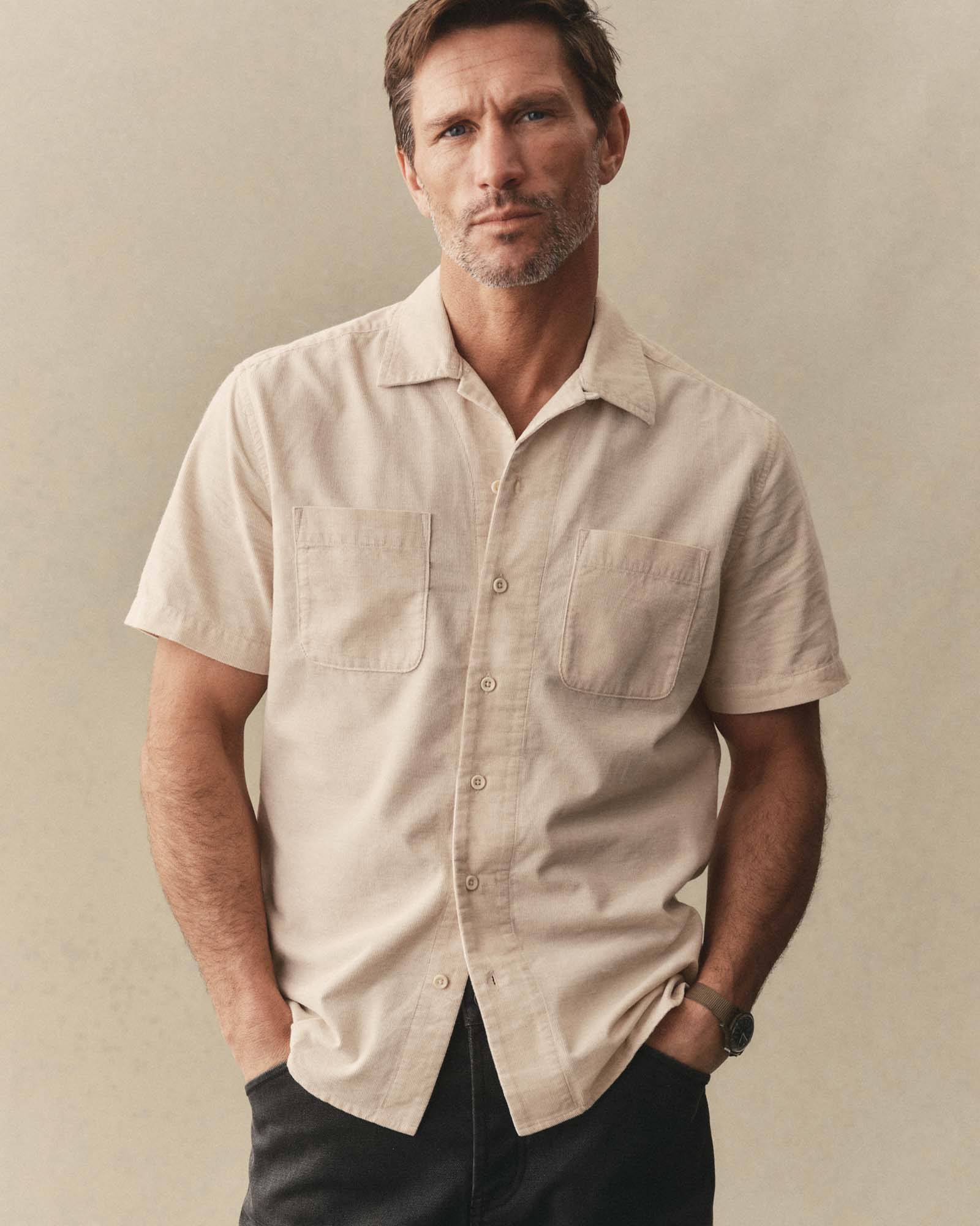 fit model showing off The Conrad Shirt in Heather Oat Pincord, Wovens by Taylor Stitch