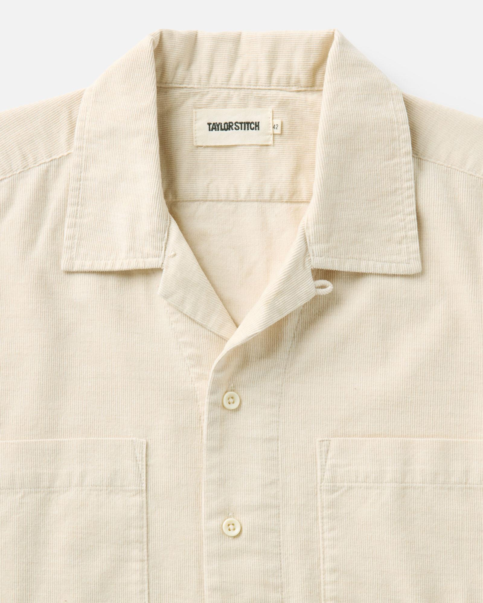 material shot of the collar on The Conrad Shirt in Heather Oat Pincord, Wovens by Taylor Stitch