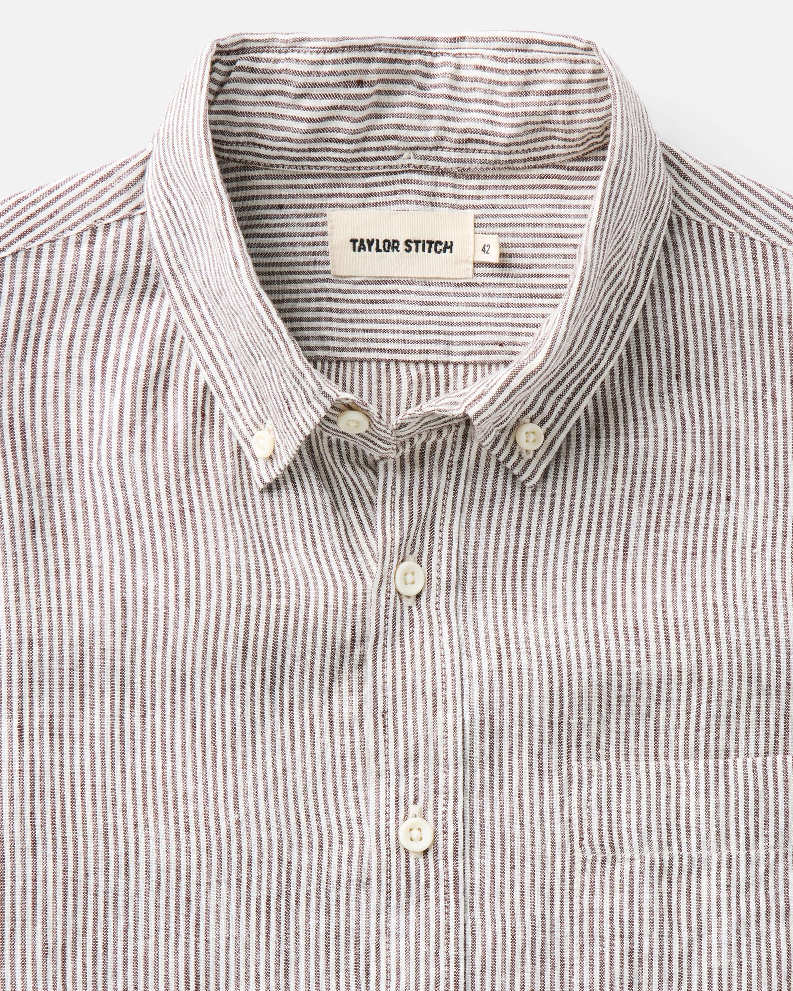 material shot of the collar on The Jack in Burgundy University Stripe Linen, Wovens by Taylor Stitch