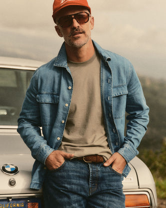 fit model showing off The Shore Shirt in Washed Indigo Twill