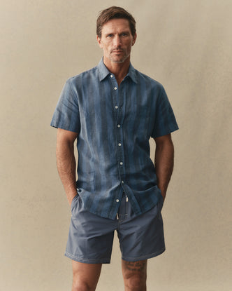 fit model showing off The Short Sleeve California in Blue Stone Stripe Hemp