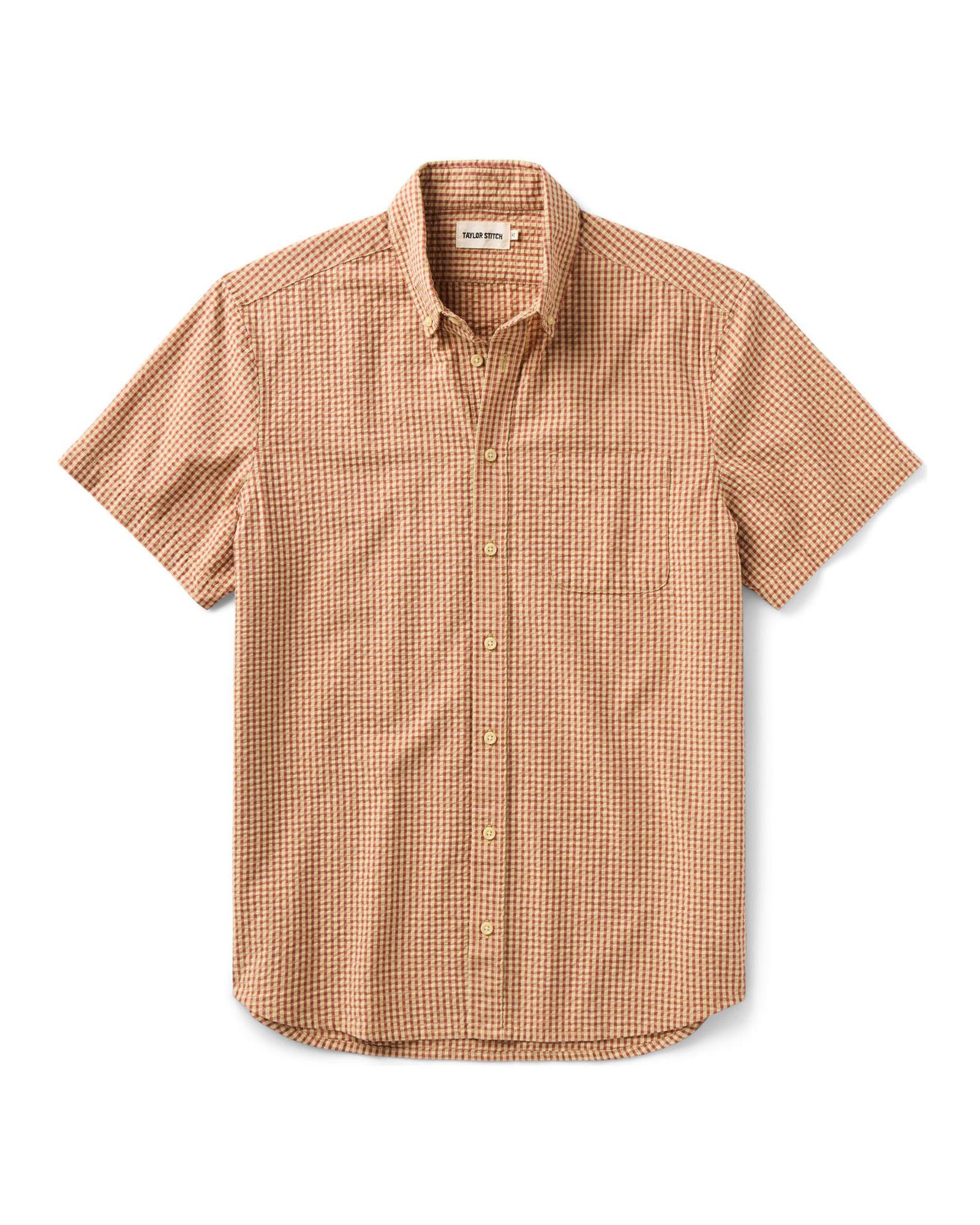 flatlay of The Short Sleeve Jack in Brick Check Seersucker, Wovens by Taylor Stitch