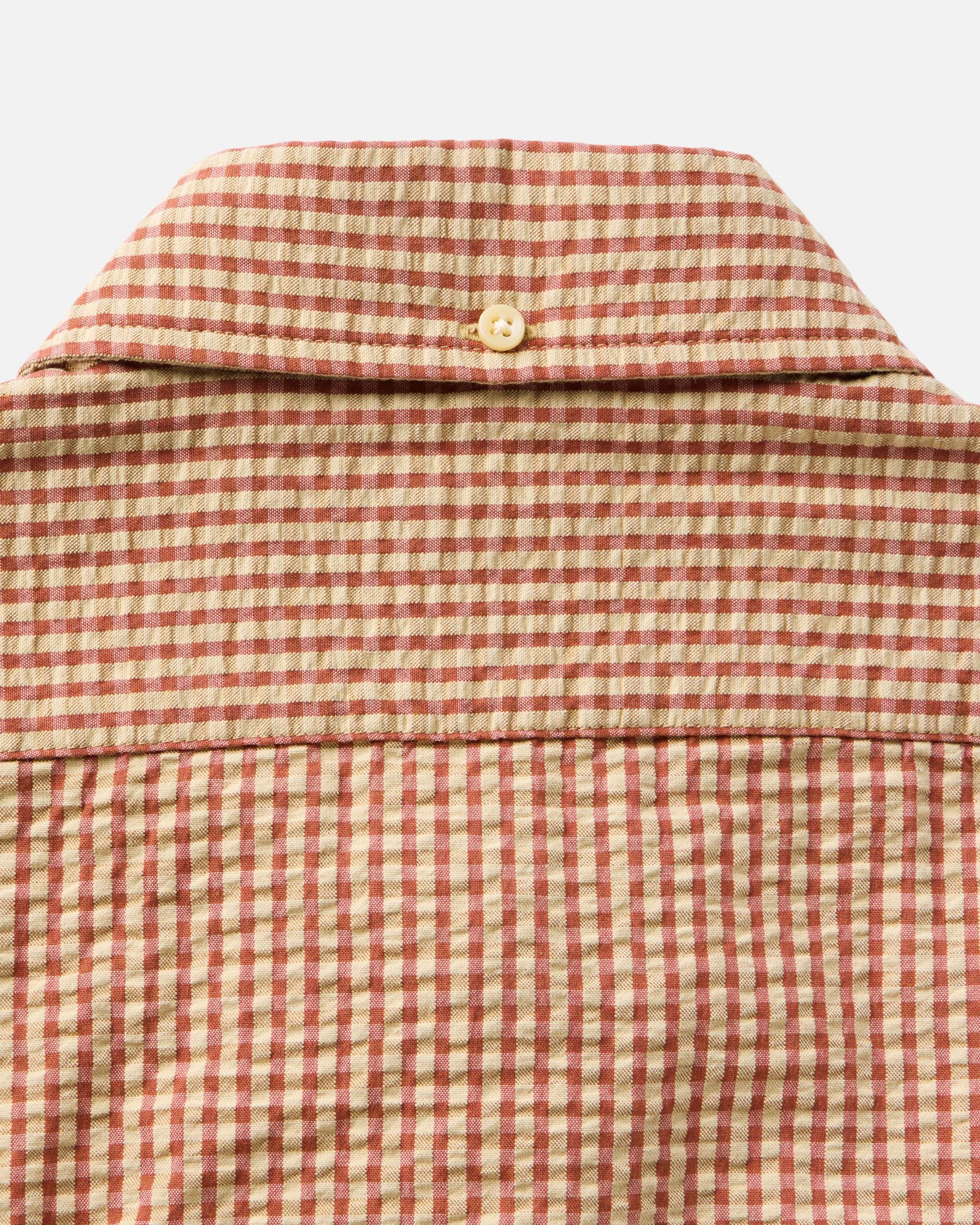 material shot of the back collar on The Short Sleeve Jack in Brick Check Seersucker, Wovens by Taylor Stitch