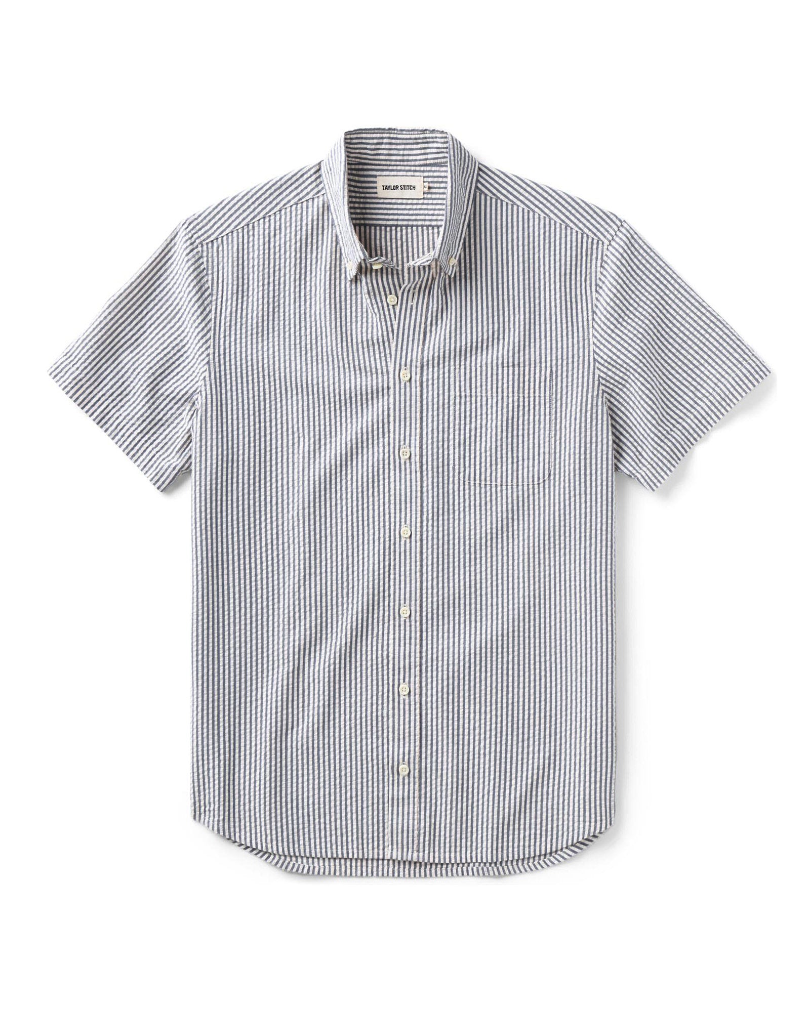 flatlay of The Short Sleeve Jack in Steel Blue Stripe Seersucker, Wovens by Taylor Stitch