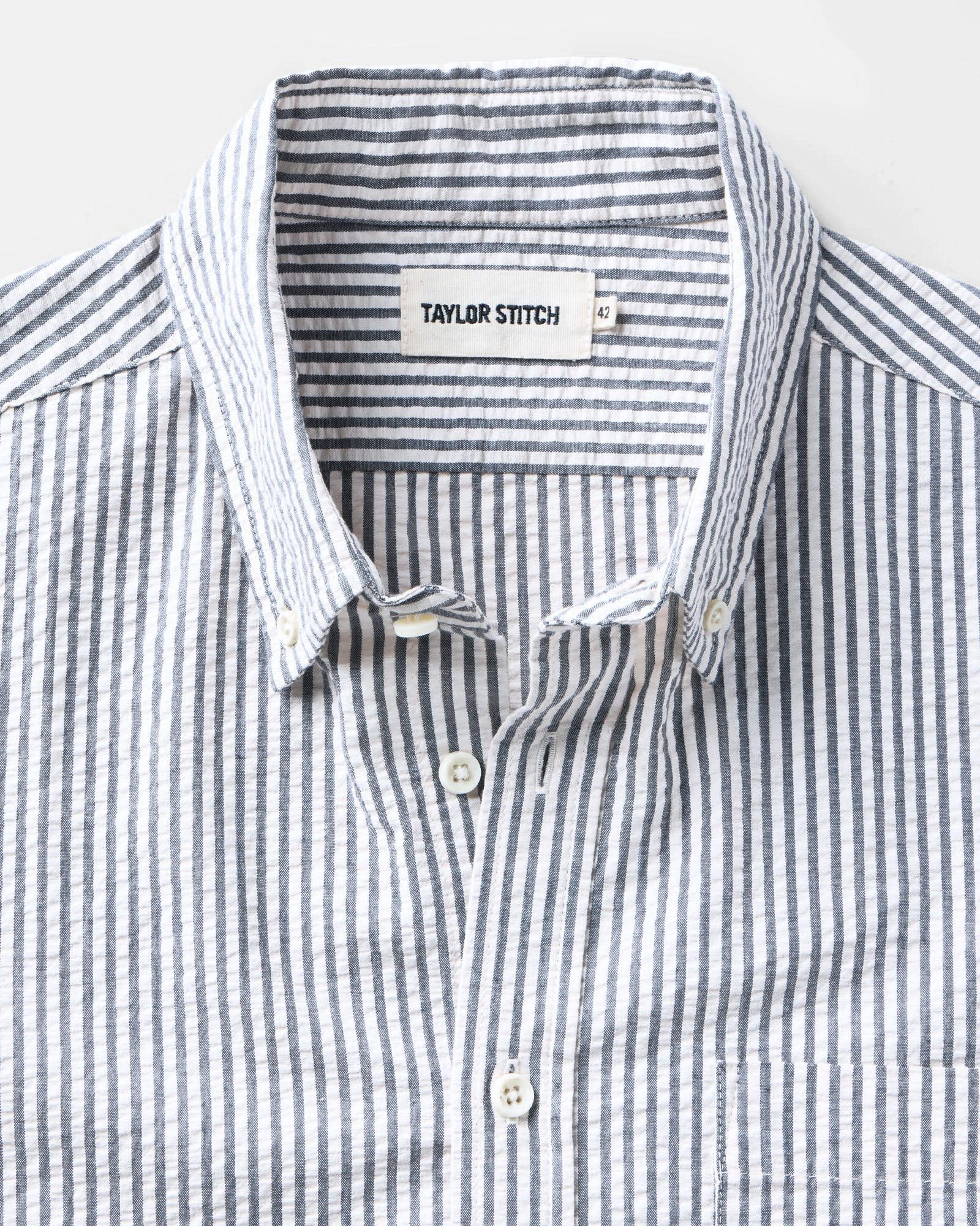 flatlay of The Short Sleeve Jack in Steel Blue Stripe Seersucker, Wovens by Taylor Stitch
