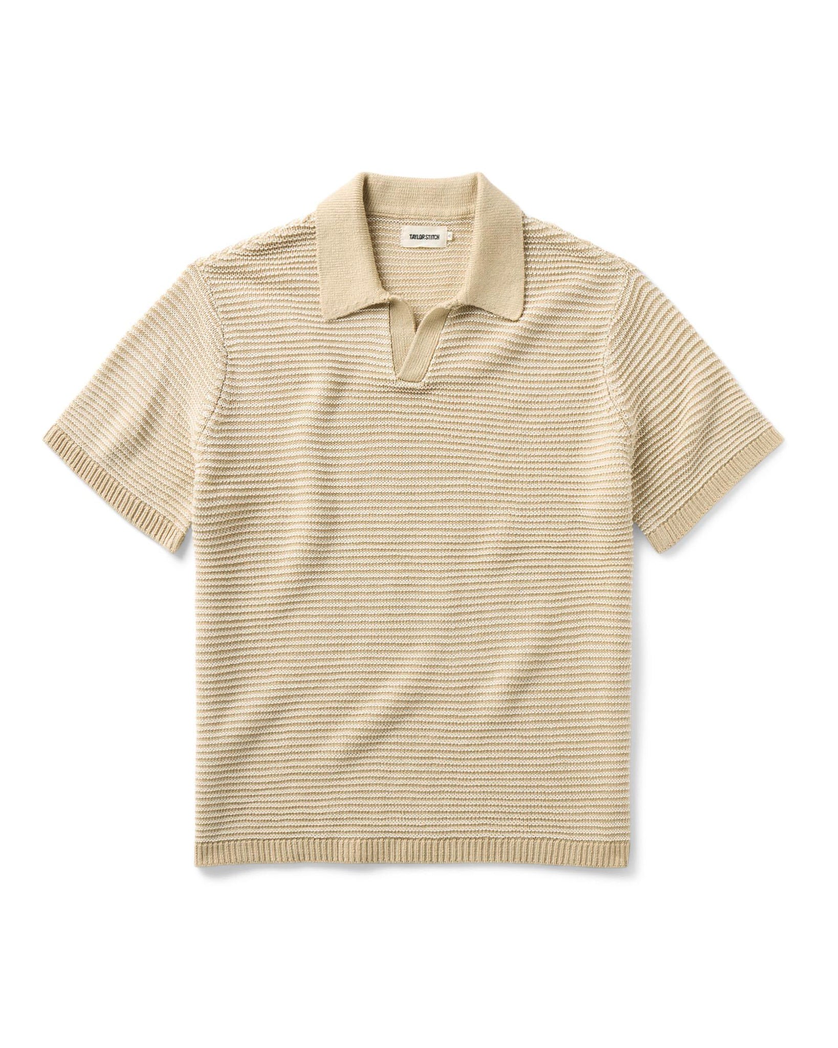 flatlay of The Valencia Sweater Polo in Sand Stripe, Knits by Taylor Stitch