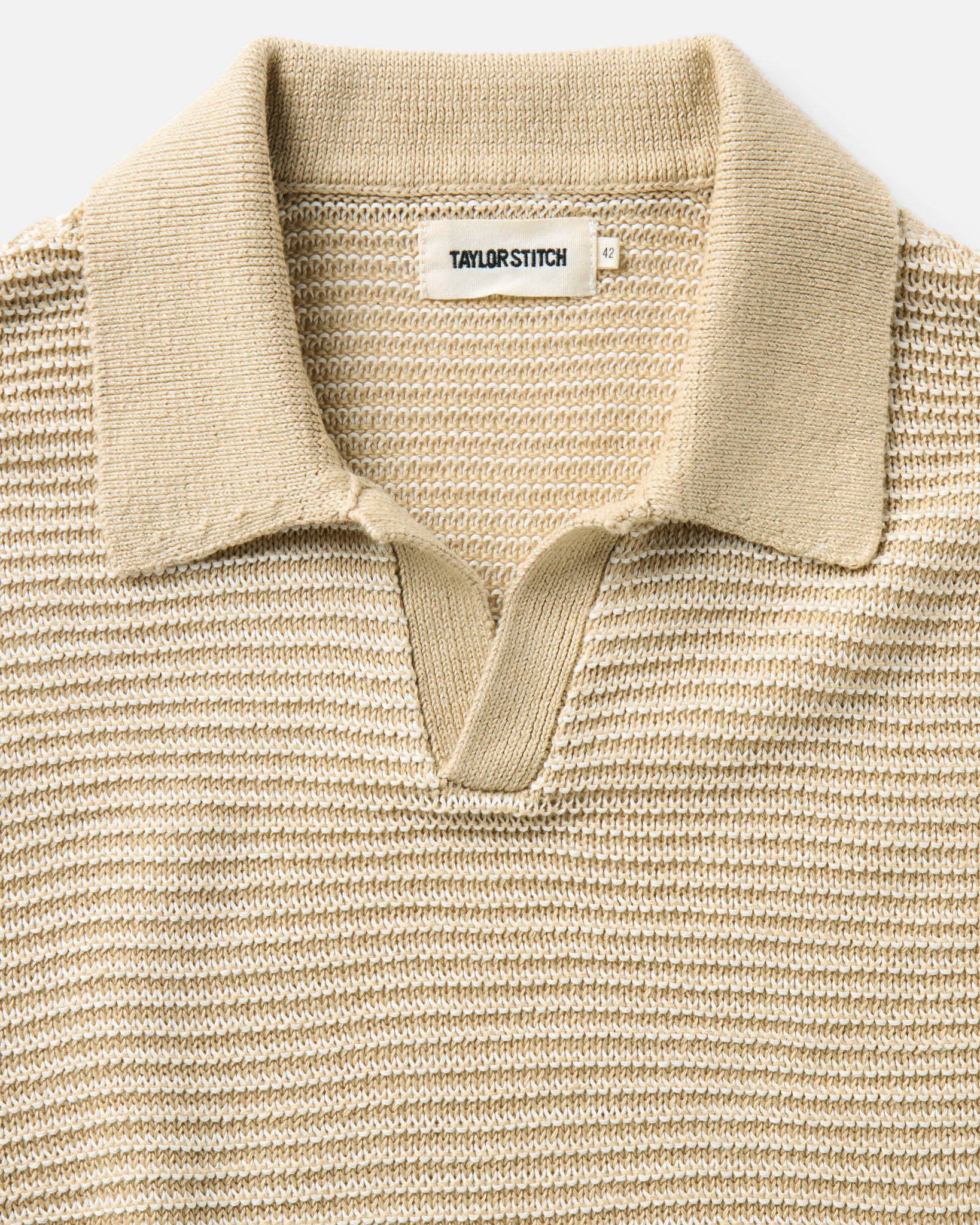 material shot of the collar on The Valencia Sweater Polo in Sand Stripe, Knits by Taylor Stitch