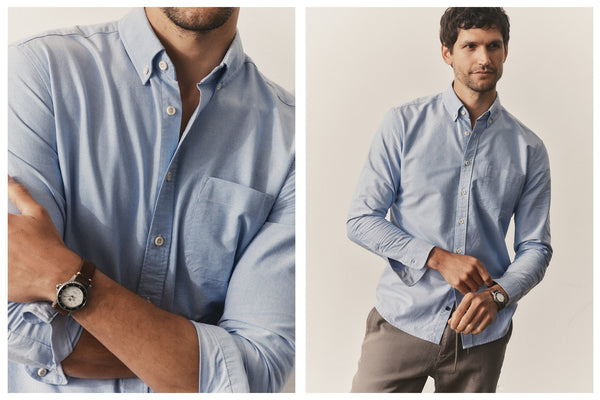 fit model posing in The Jack in Blue Everyday Oxford