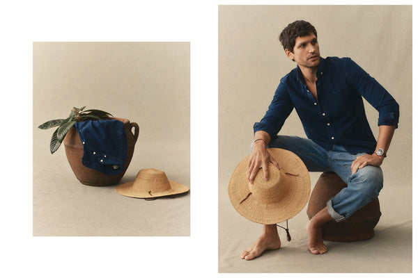 fit model showing off The Jack in Rinsed Indigo Oxford