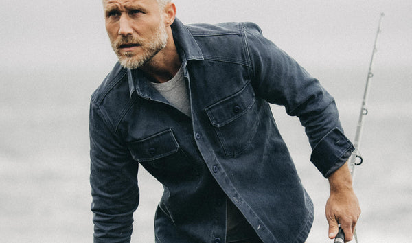 fit model posing in The Shop Shirt in Navy Chipped Canvas