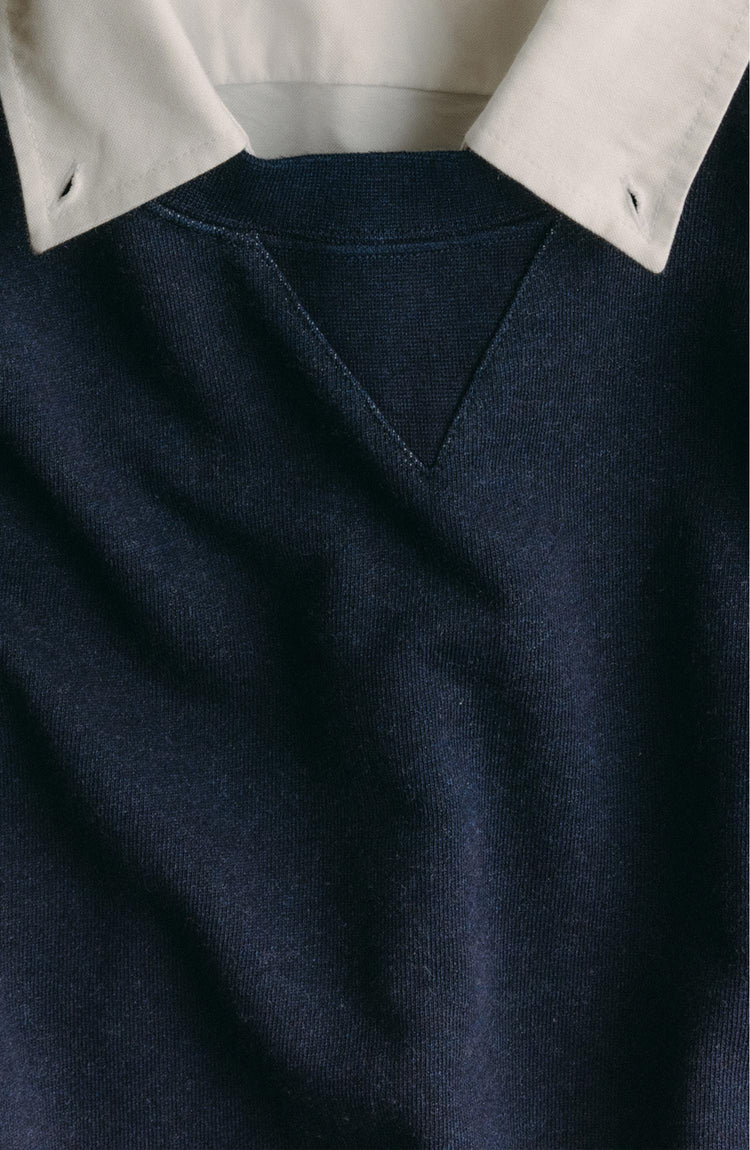 Our model wearing The Apres Crewneck in Indigo Terry