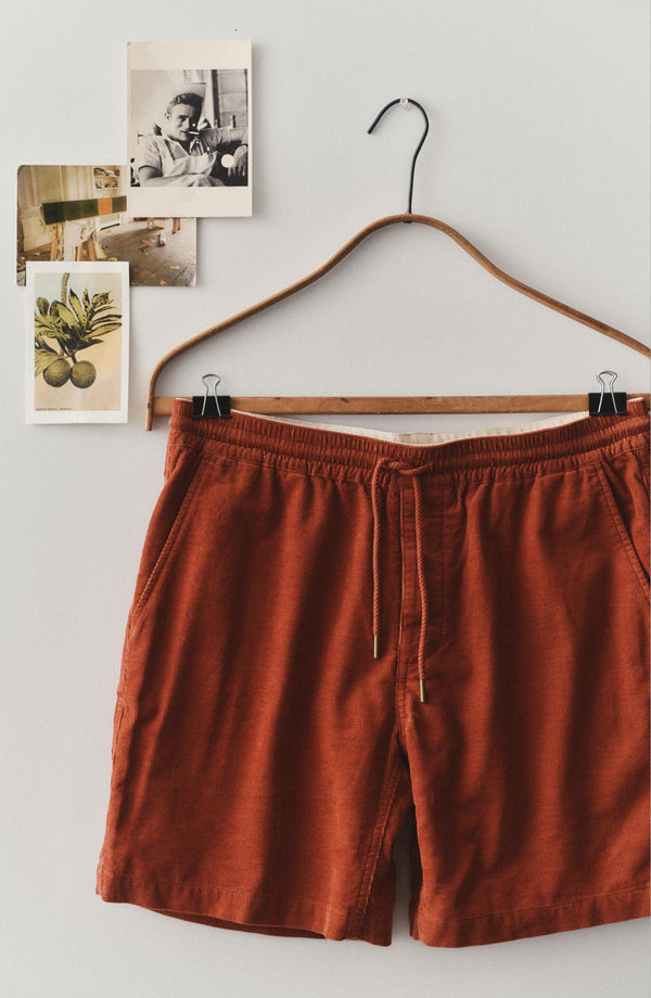 editorial image of The Apres Short in Heather Chili Pincord hanging