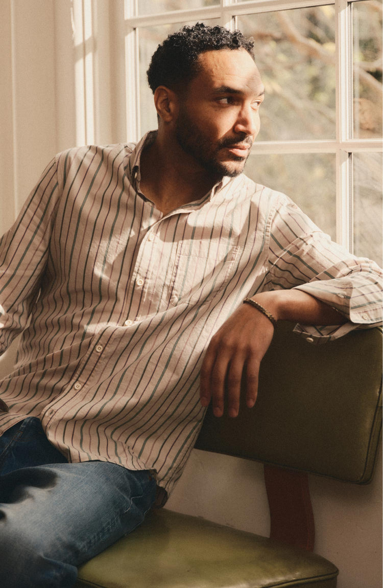 fit model sitting wearing The Jack in Algiers Stripe