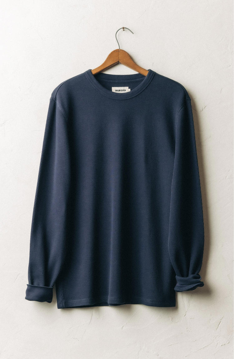 fit model in The Organic Cotton Waffle Crew in Dark Navy