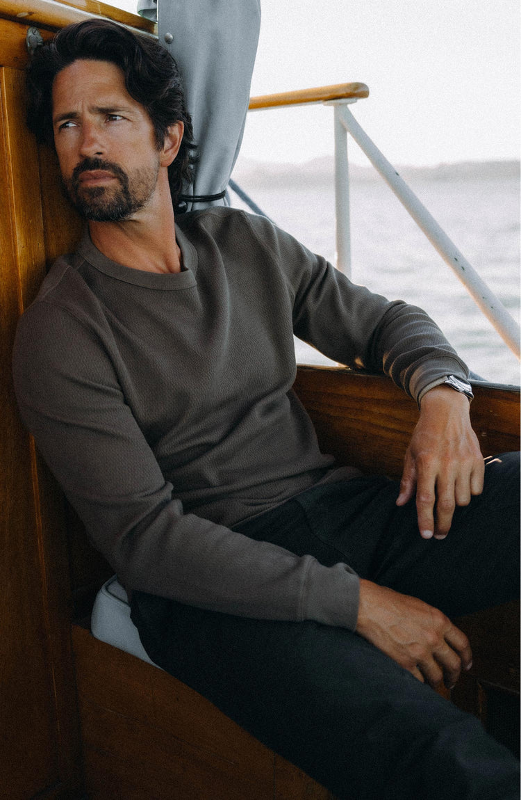 fit model in The Organic Cotton Waffle Crew in Fatigue Olive