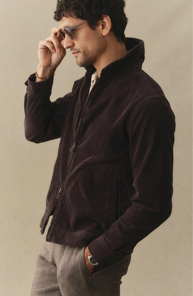 fit model posing in The Piston Jacket in Coal Corduroy