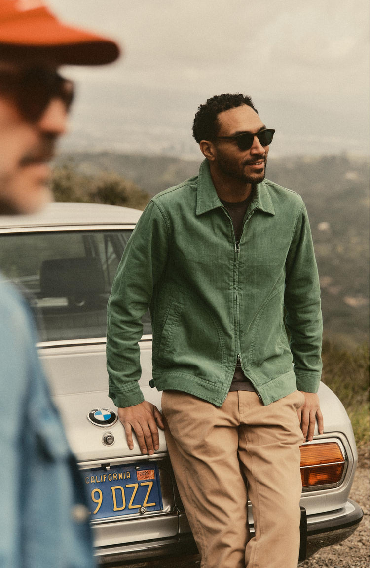 fit model posing in The Piston Jacket in Ivy Corduroy