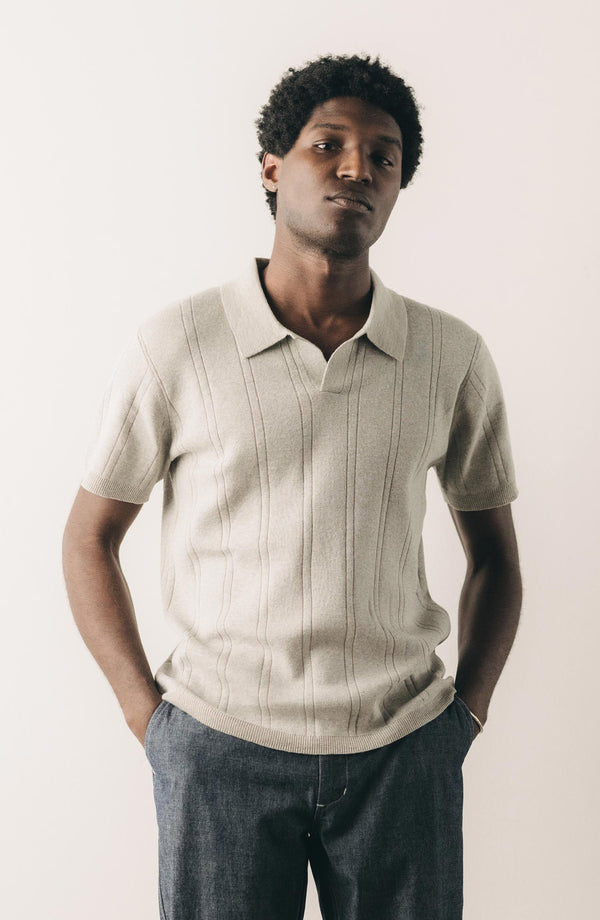 fit model wearing The Valencia Sweater Polo in Heather Grey Rib