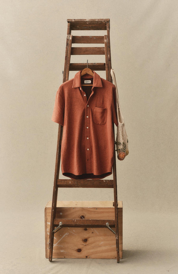 editorial image of The Short Sleeve California in Heather Driftwood Double Knit hanging