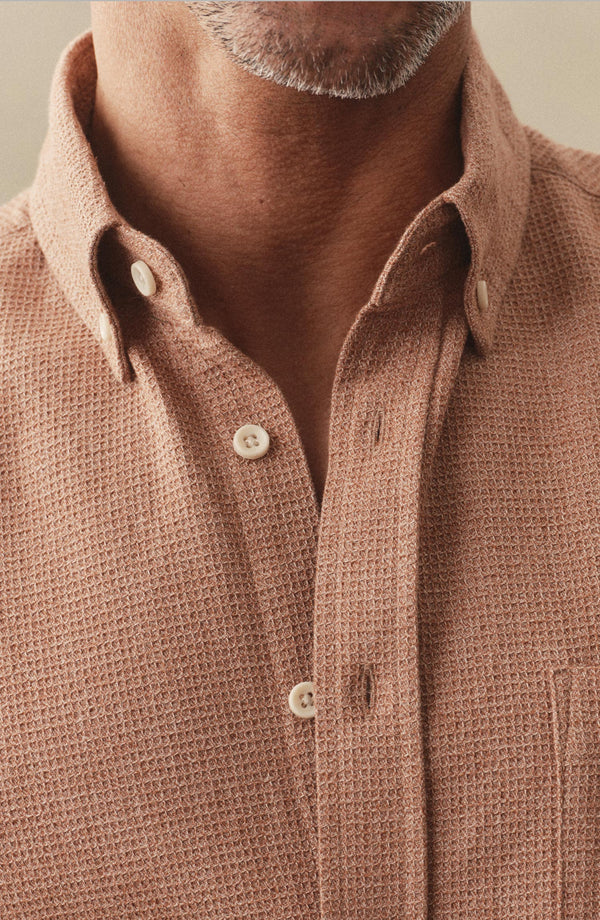 fit model showing off the collar on The Short Sleeve Jack in Desert Twist Waffle