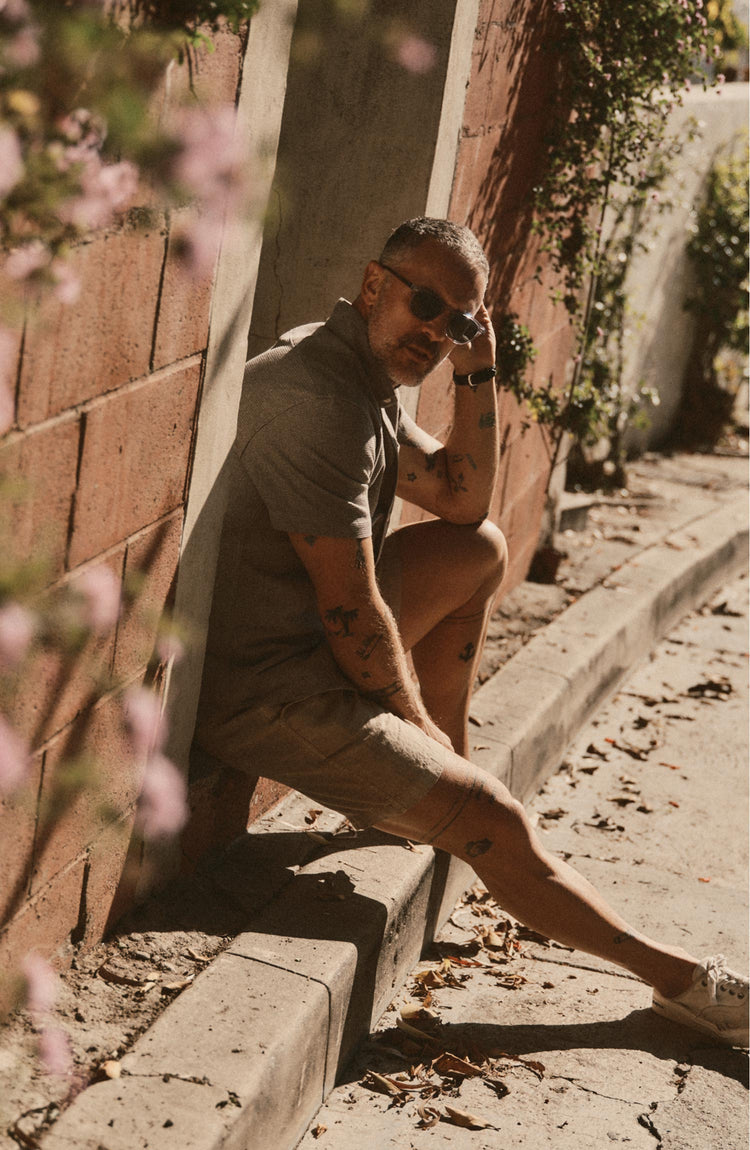 fit model posing in The Short Sleeve Jack in Fern Twist Waffle