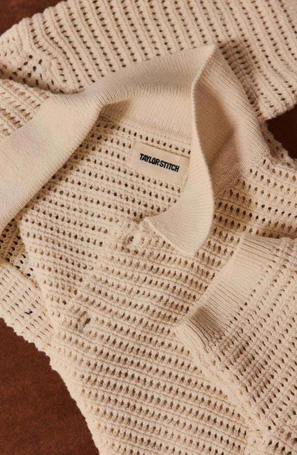 editorial flatlay of The Monterey Sweater Polo in Vintage White Crochet