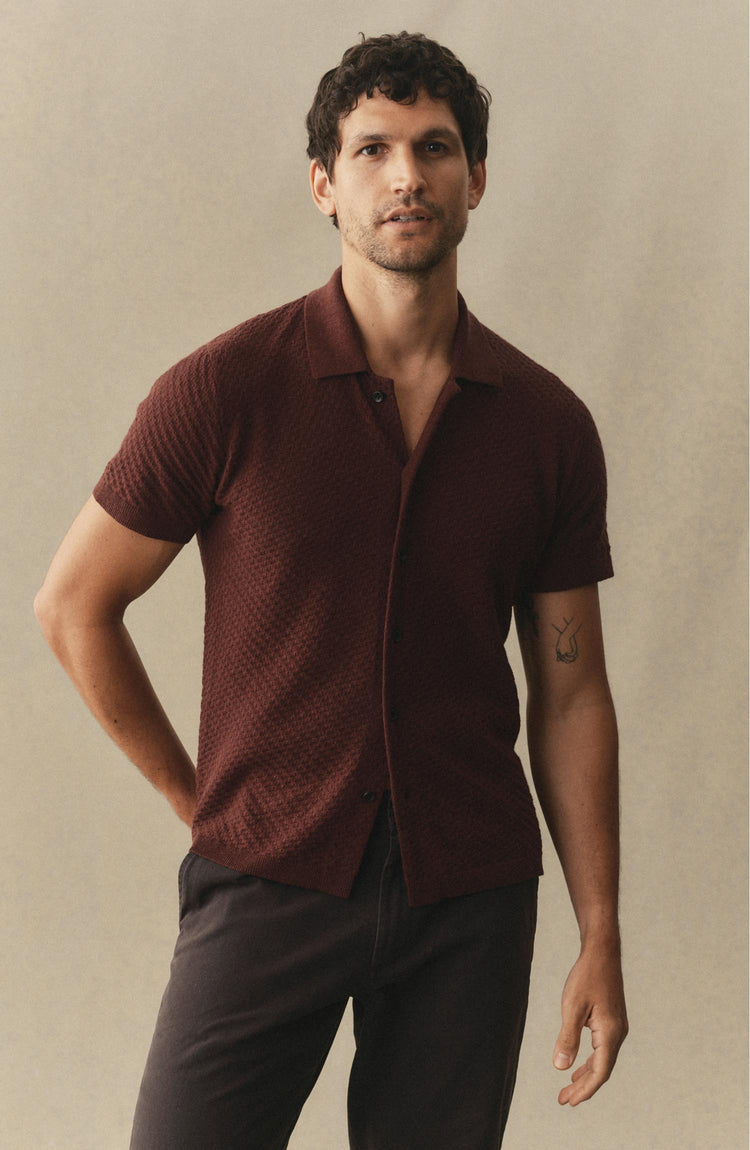 fit model posing in The Arlo Sweater Polo in Burgundy Texture Knit