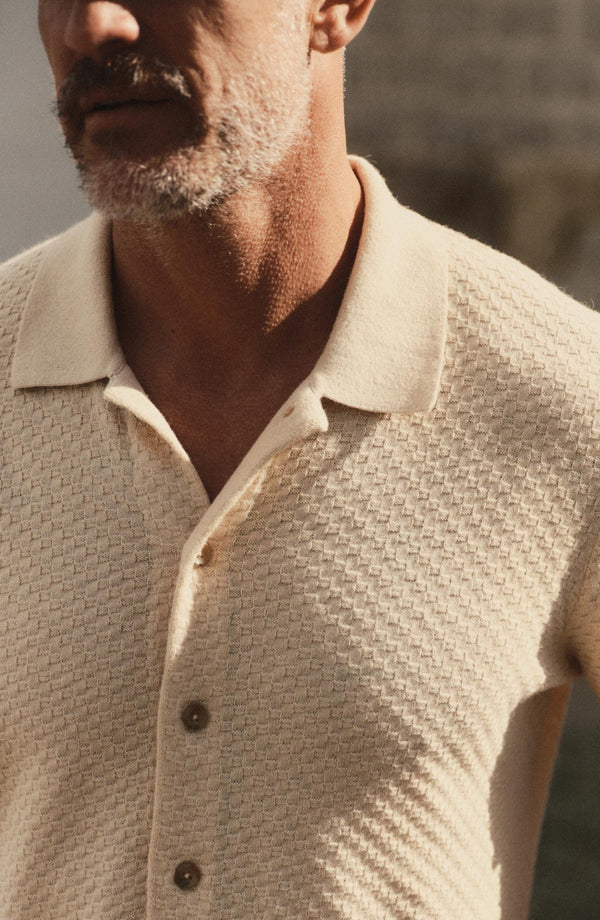 fit model showing off The Arlo Sweater Polo in Oat Texture Knit