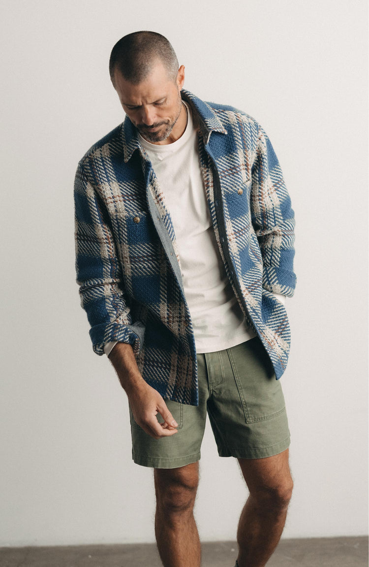 fit model posing in The Cutter Overshirt in Ocean Plaid