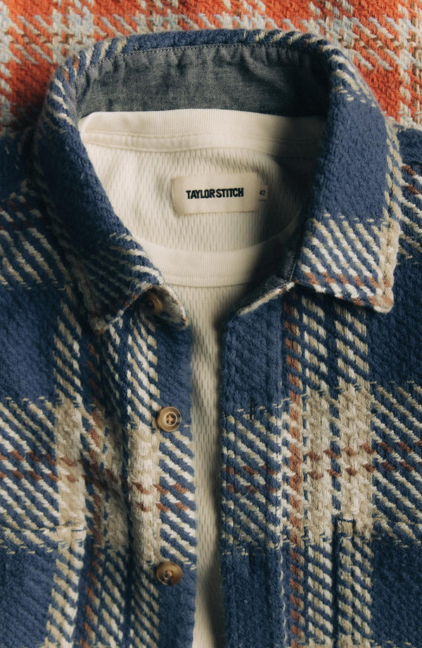 editorial flatlay of The Cutter Overshirt in Ocean Plaid
