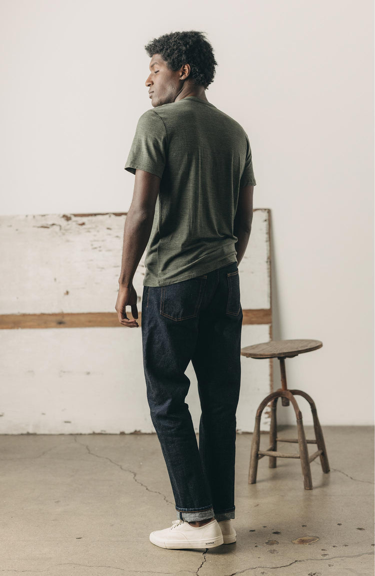fit model wearing the Democratic Jean in Rinsed Yoshiwa Selvedge