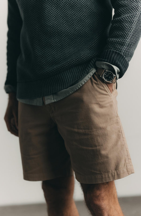 fit model showing off The Foundation Short in Organic Khaki